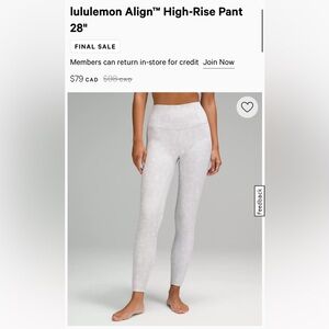 Lululemon 28” Align Leggings - White Camo (size 4)